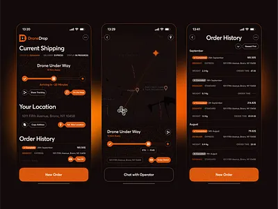 Drone Delivery App chat dark mode drone delivery map minimalist mobile app modern orange techwings ui ux