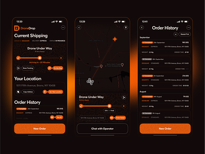Drone Delivery App chat dark mode drone delivery map minimalist mobile app modern orange techwings ui ux