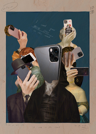 Disconnected: Your Smile in This Crowd collage digital collage digital illustration editorial editorial illustration illustration mobile modern society no ai paintings phone polish designer polski plakat portraits poster