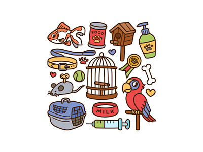 Pet Shop Doodle Set cage cute doodle fish icon illustration parrot petshop vector