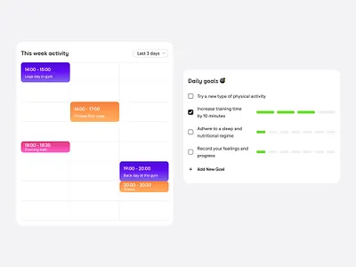 Activity and Goals Widgets //NewUI activity calendar clean ui figma goals gradient health interface list progress progress bar traning tranings ui ux widget