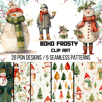 Boho Frosty-Snowman Collection boho christmas clip art collage art graphic design illustrations patterns png seamless repeat patterns snowman sublimation vintage winter
