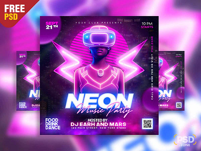 Free PSD | Neon Music Party Social Media Post PSD creative design design free psd graphic design neon party flyer neon style party banner party flyer party post photoshop psd psd template social media post