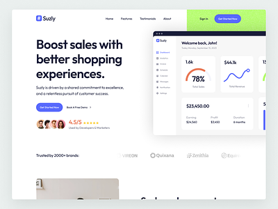 Suzly - SaaS Landing Page analytics application dashboard design ecommerce hero area hero section home homepage interface landing page saas shop software startup ui ui kit web app web application website