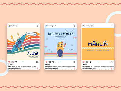 Instagram post designs for kayak rental Marlin beach business branding graphic design illustration instagram post kayak logo marine post marine theme marlin post design sea social media design social media kit sup