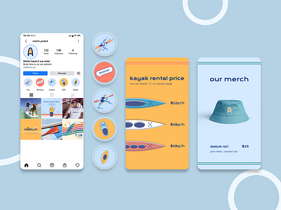 Social media kit for kayak rental Marlin beach business branding highlights identity instagram instagram post logo marine marine theme merch naming post stories