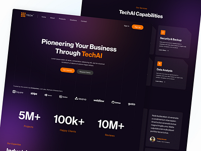 TechAi Landing Page artificial intelligence blockchain crypto currency dark landing page dark mode landing page dark mode website dark website dev style developer website dimension finance gradient colors landing landing page landing page design landing page ui saas trading ui warm gradient