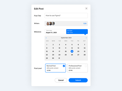 Edit Modal calendar check box component design system edit edit modal form members minimal modal modals notfication planing popup post selector set timer submit form team ui