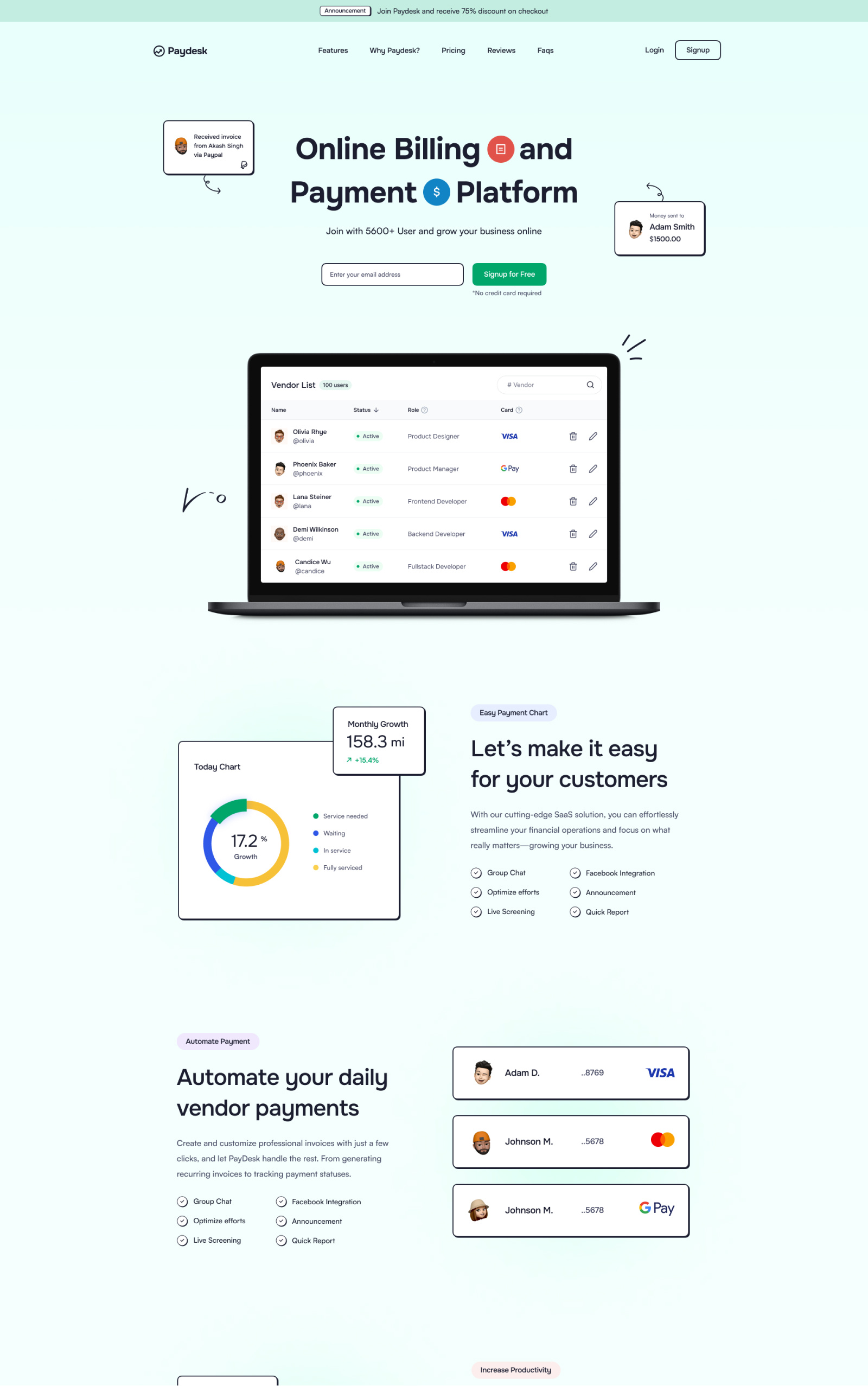 Paydesk - SaaS Landing Page clean design html landing page onepage saas technology ui webflow template website