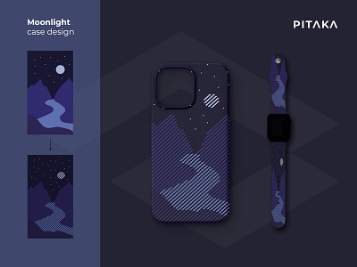 Pitaka phone case and watch band with moonlight illustration band branding case illustration mobile moon moonlight mountains phone pitaka stars vector watch