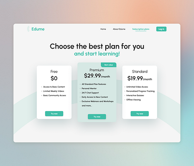 Subscription pricing | Daily UI dailyui design desktop education figma free plan premium pricing study subscribe subscription ui ui design
