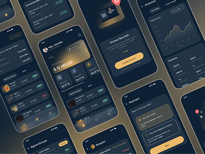 Crypto Trading Mobile App android app design black branding cryptocurrency cryto app design dark mode design gold illustration iphone app design mobile app mobile app design mobile app uiux ui