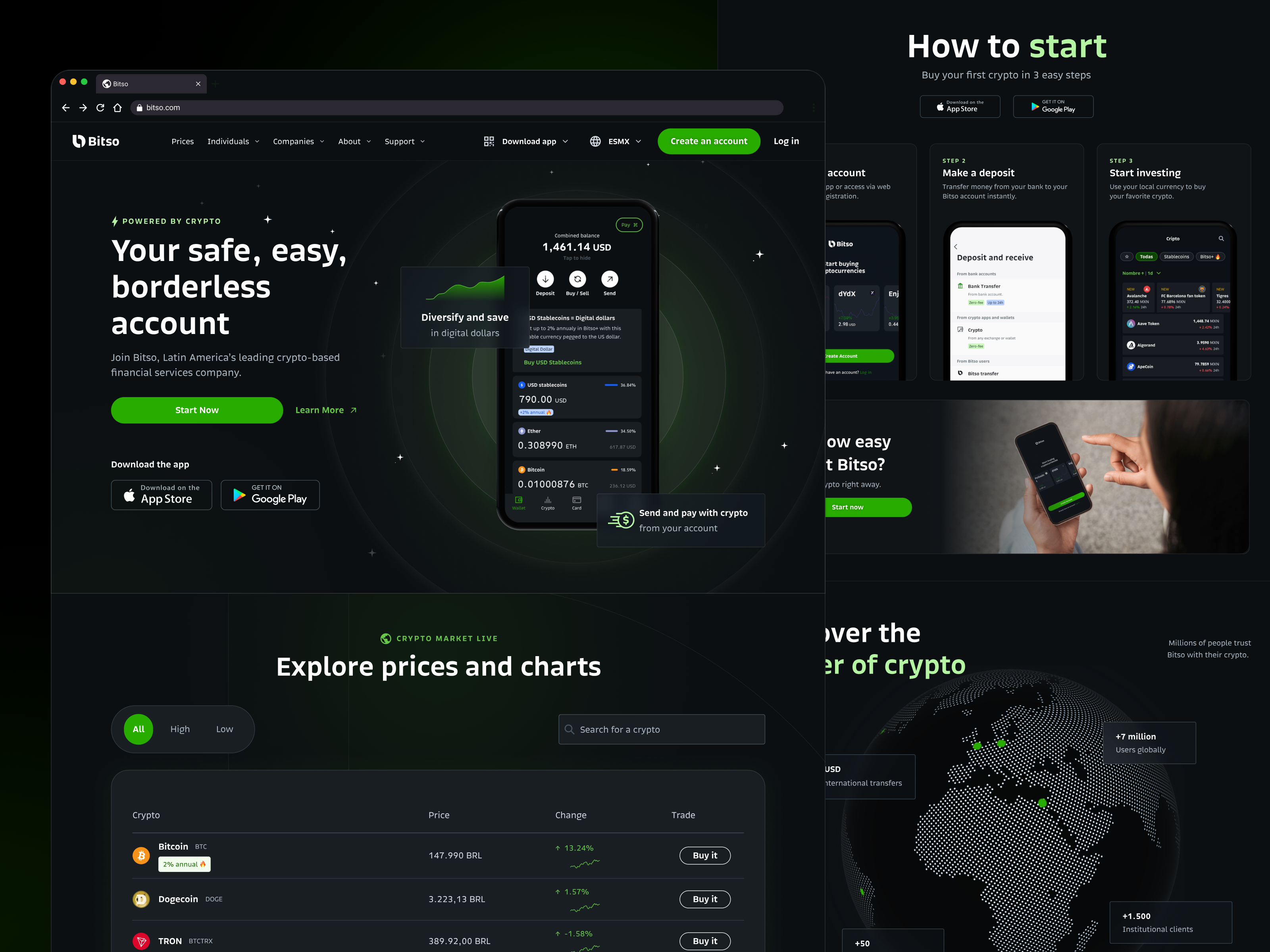 Bitso Home - Mobile & Landing page design binance bitcoin bitcoin blockchain bitso crypto crypto wallet cryptocurrency currency ethereum wallet website