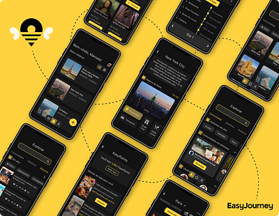 EasyJourney - descomplicando o planejamento de viagens com UX black mockup travel app ui ux wireflow yellow