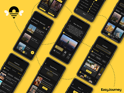 EasyJourney - descomplicando o planejamento de viagens com UX black mockup travel app ui ux wireflow yellow