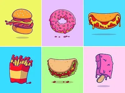 Fast Food Icon🍔🌮🍩 bread breakfast burger cream doughnut fast food flying food food french fries hotdog ice cream icon illustration logo mascot meal melted menu restaurant tacos