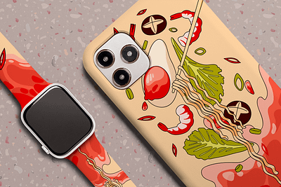 PITAKA | matching phone case and Apple Watch band | flying ramen apple watch cartoon custom apple watch band custom phone case cute delicious food food foodie funny illustration iphone iphone case mushroom noodle noodles phone case ramen shrimp tasty vegetables
