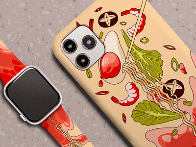 PITAKA | matching phone case and Apple Watch band | flying ramen apple watch cartoon custom apple watch band custom phone case cute delicious food food foodie funny illustration iphone iphone case mushroom noodle noodles phone case ramen shrimp tasty vegetables