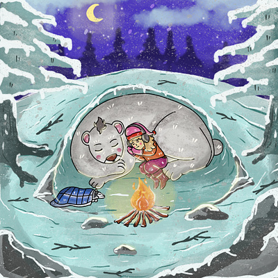Cold Night with Warm Friend kids illustration animal lover bear bestfriend cage children book christmas fire fullcolour handdrawing illustration jungle kids illustration little girl nature night rest sleep snowy story book wild life