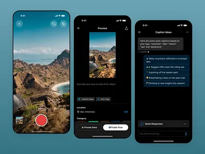 Chat with AI for caption ideas ai ai caption ai chat app caption confirmation page photo ui ux upload video write caption