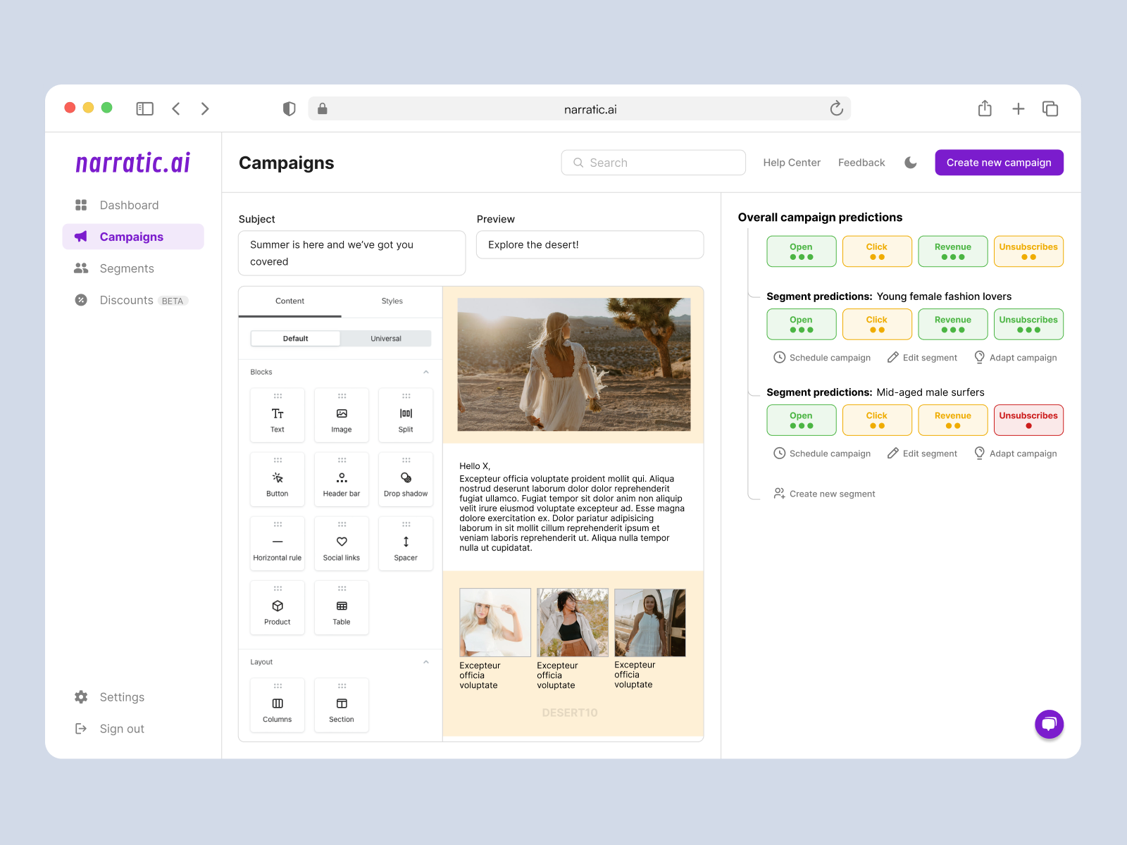 Marketing campaign predications dashboard - Narratic.ai ai buzzingadesign campaigns dashboard marketing predictions ui uiux