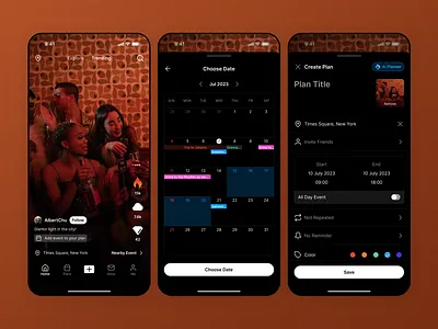 Social Media with Planning Capabilities app calendar dark mode itinerary planning schedule social media ui video