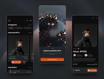Dark theme UI for Exploring and Minting NFTs blockchain bored ape categories cryptocurrency dark mode dark theme mobile mobile app mobile ui nft onboarding ui user interface