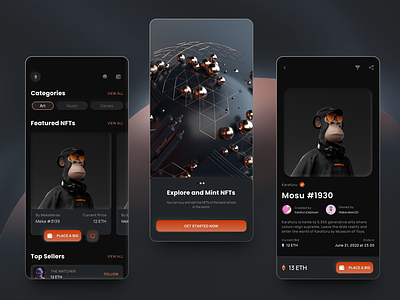 Dark theme UI for Exploring and Minting NFTs blockchain bored ape categories cryptocurrency dark mode dark theme mobile mobile app mobile ui nft onboarding ui user interface