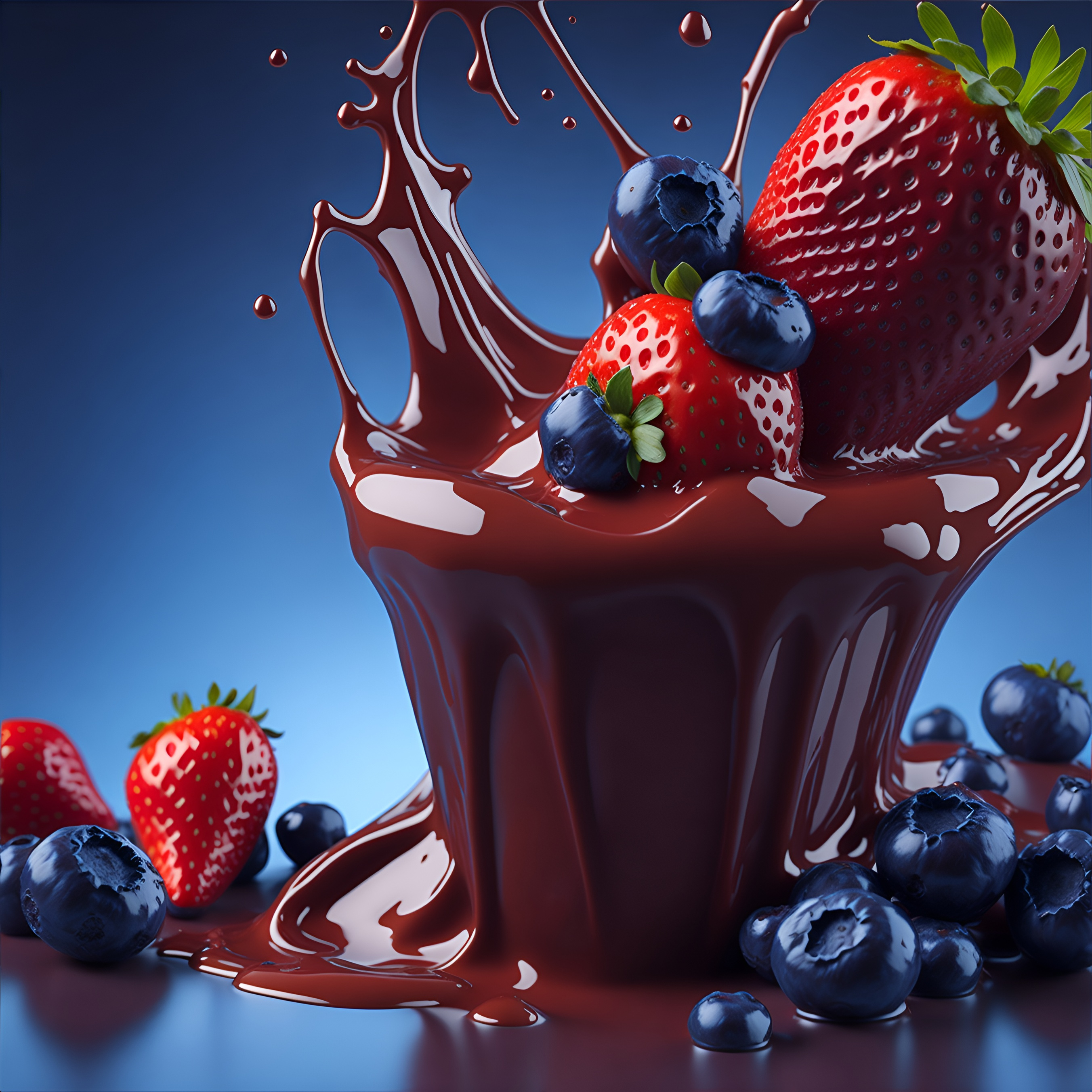 Milk Splash With Chocolate, Strawberry, and Blueberry 3d 3d art ai art blueberry cgi chocolate colorful dairy drink food fresh fruit fruits illustration liquid milk milk splash organic splash strawberry