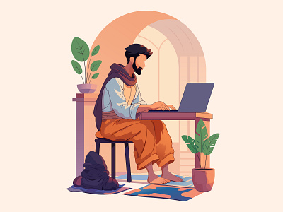 A Man with Laptop Illustration adobe illustrator arab man cartoon digital art flat illustration illustration laptop man muslim man vector