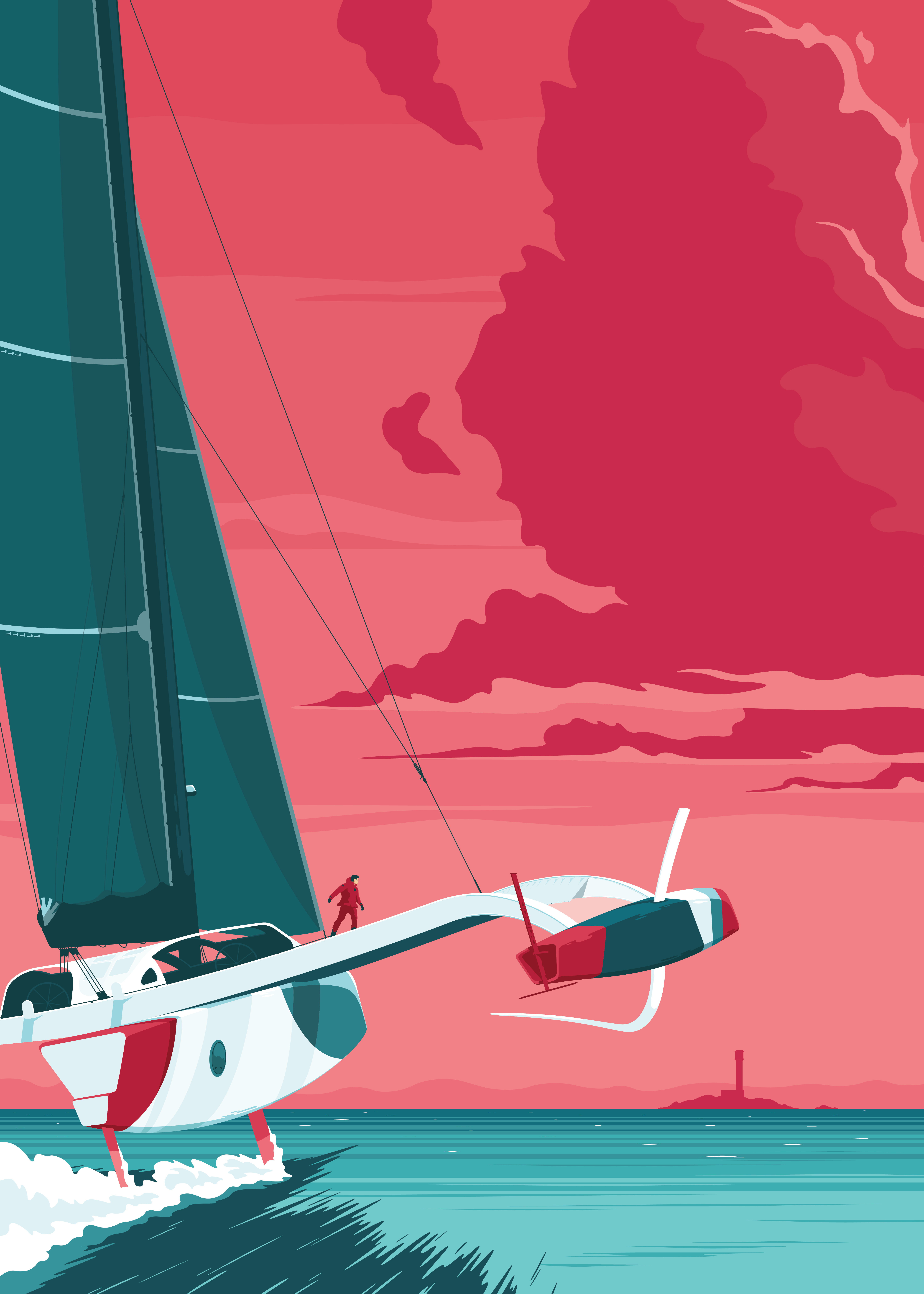 Balistique I boat clouds flat illustration island race racing sail sailing sailor sea skipper sky trimaran utlim vector