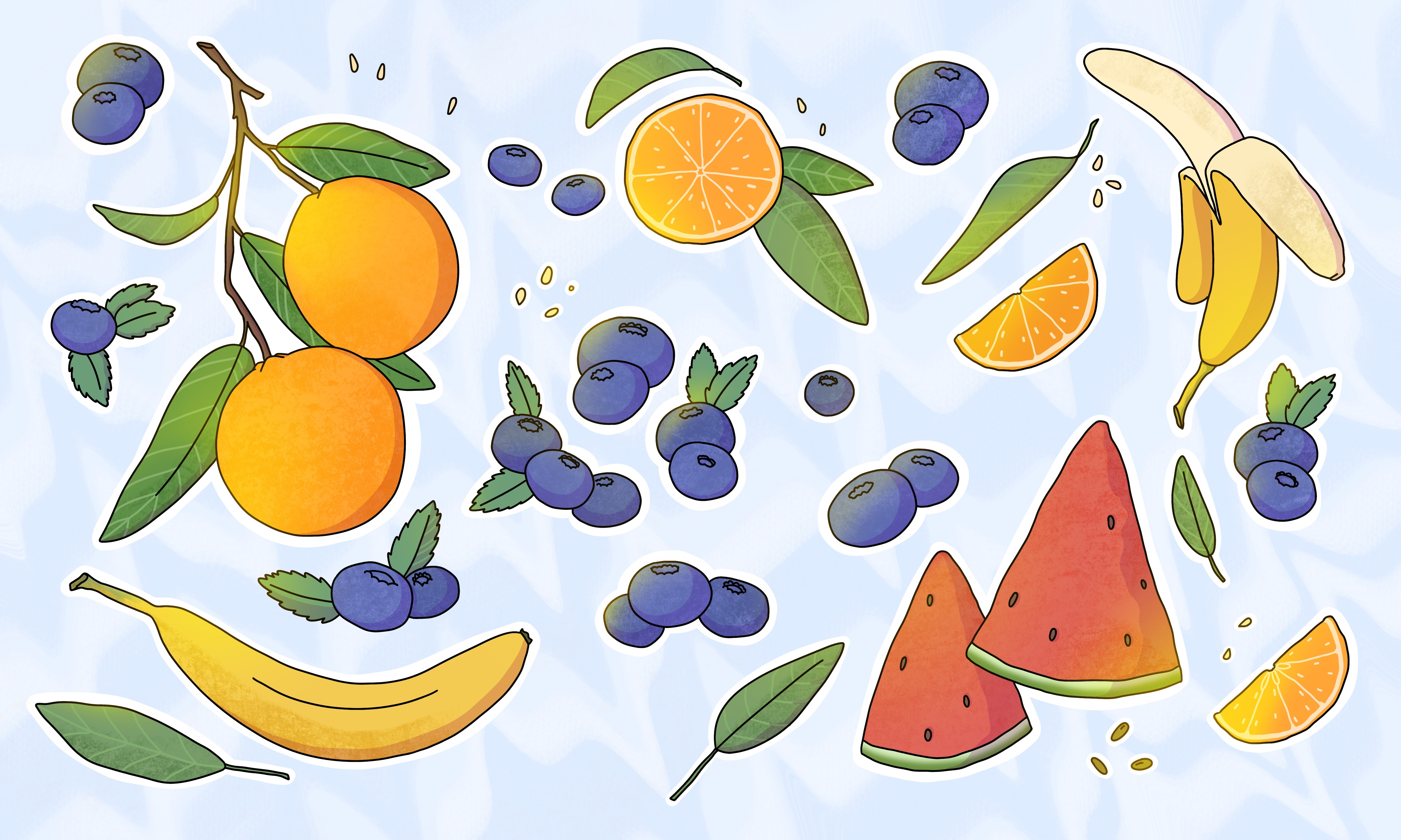 Food illustration: fruits banana blueberry colourful digital illustration editorial illustration food food drawing food illustration fruit illustration fruits fruits drawing orange sticker pack stickers watermelon