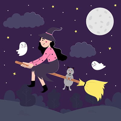 Free Cute Witch Halloween Illustration cat cute free illustration freebie full moon ghost halloween halloween illustration illustration spooky vector download vector illustration witch