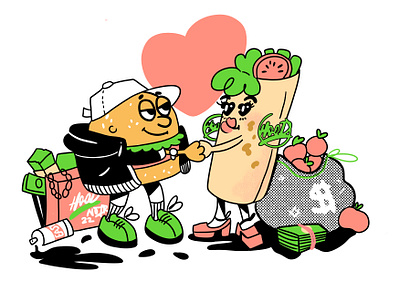 Burger love burger cute digital illustration flat illustration flex food illustration money