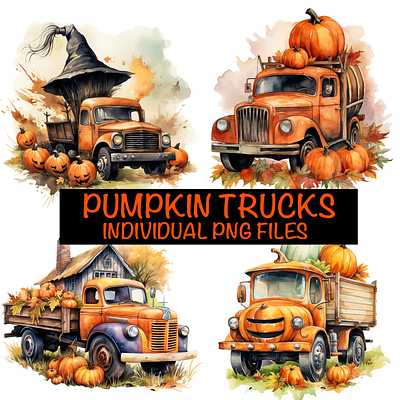 Pumpkin Trucks halloween adobe illustrator adobe photoshop art artwork car clipart creative digitalart e commerce halloween png pumpkin trucks vintage watercolor