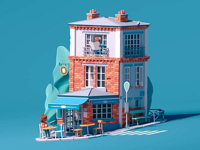 Parisian Corner 3d animation architecture bar bus c4d character characterdesign cinema4d city drunk illustration isometric octane paris