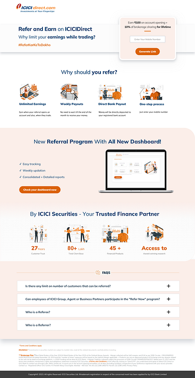 Refer and Earn on ICICI Direct landing page ui ux