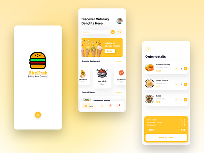 BiteDash - Food Ordering App 3 screen ui app design food ordering app ui food ordering ui mobile app ui product design ui uiux uiux design ux