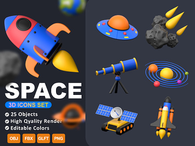 Space 3D Icon Set ✨ galaxy space space capsule space rover ufo