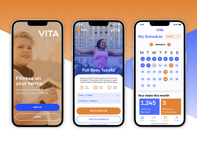 Fitness App - Mobile Screens app calendar design fitness login mobile mockup orange signup tabata vita workout