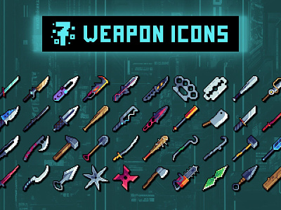 Melee Weapon 32×32 Icons 2d 32x32 asset assets cyberpunk game game assets gamedev icon icons indie indie game melee mmorpg pixel pixelart pixelated rpg weapon weapons