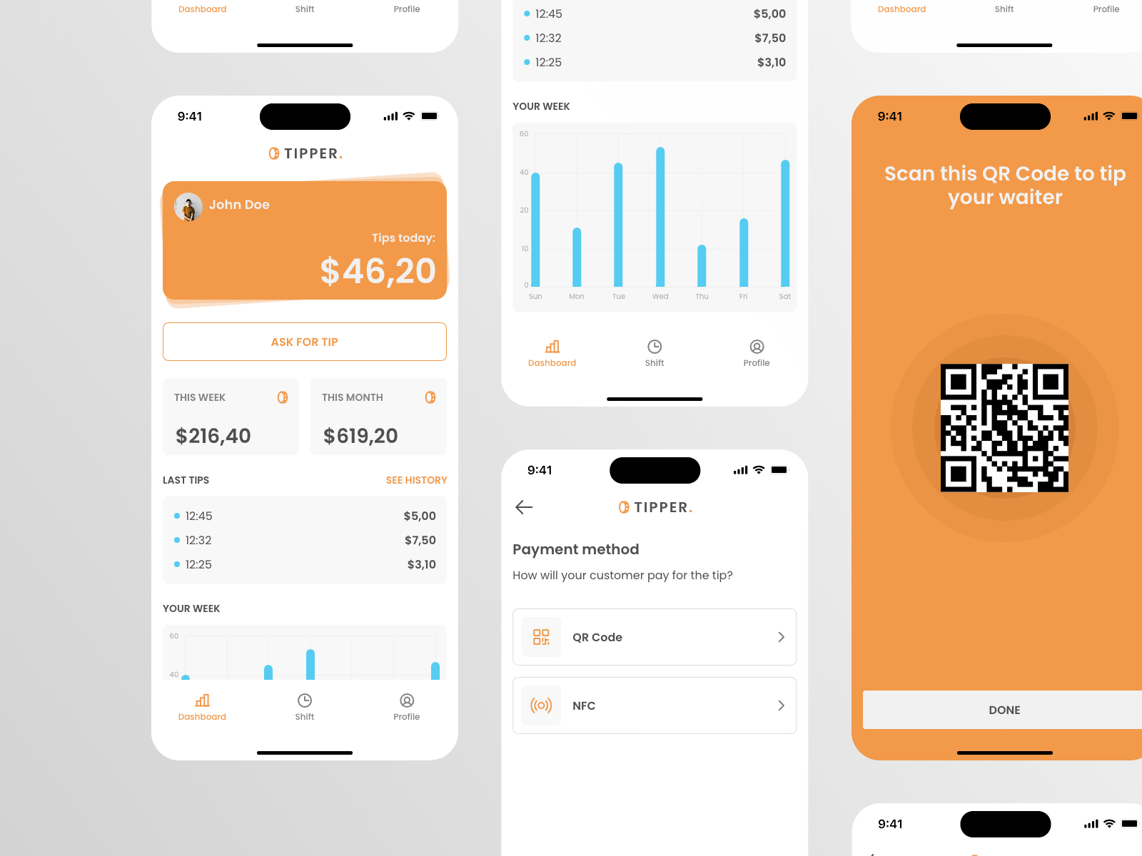 Tips Management chart dashboard mobile nfc payment qr code tip tips ui wallet