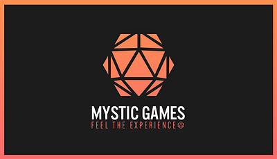 Mystic Games business card idea. board games business card d20 dice gaming gradient