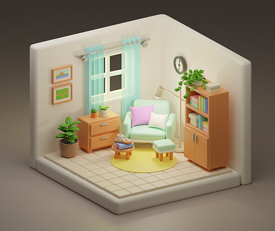 A tiny reading room 3d 3dart blander character color concept drawing illustration