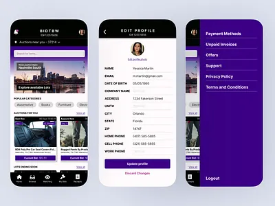 BIDTBW - A Bidding App bidding bidfta bidtbw ecomm ecommerce menu navigation mobile app profile page side scrolling ui ux