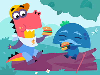 Bon appetit burger dinosaur flat illustration lunch