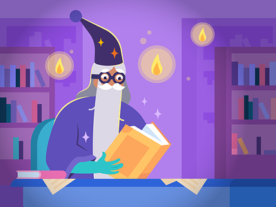 wizard reading in the library books flat illustration library magic wizard