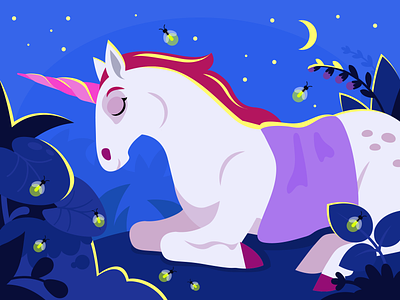 sleeping unicorn flat illustration magic night sleep unicorn
