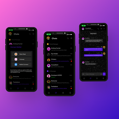 Tether a Web3 Social Messaging App (Mobile Dark Mode) I crypto design mobile ui product design ui uiux web3