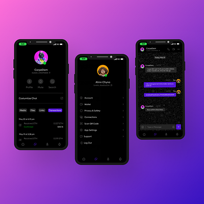 Tether a Web3 Social Messaging App (Mobile Dark Mode) II crypto design product design ui uiux web3